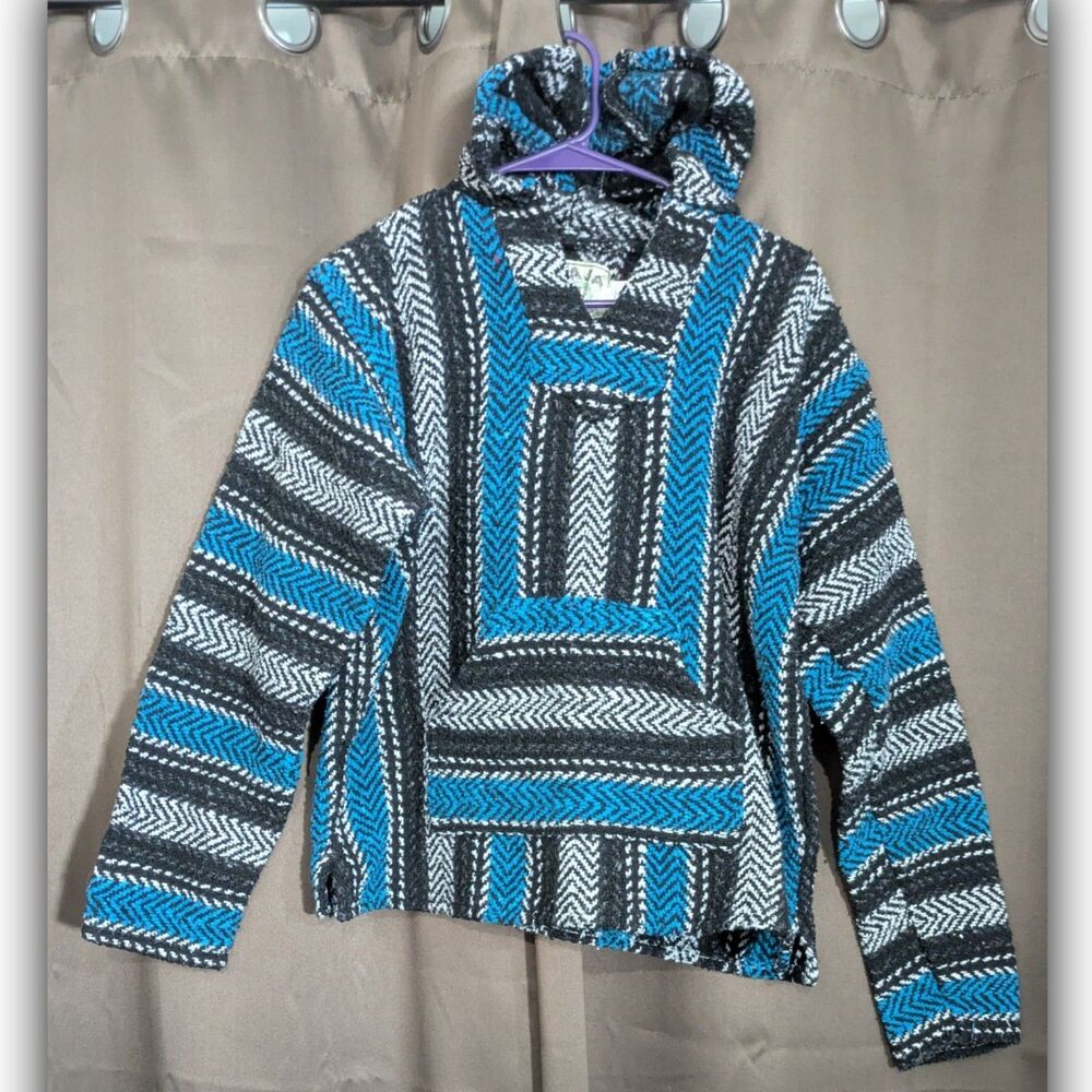 Earth Ragz Baja Joe Mexican Hoodie Size Medium Blue Gray Black Stripe